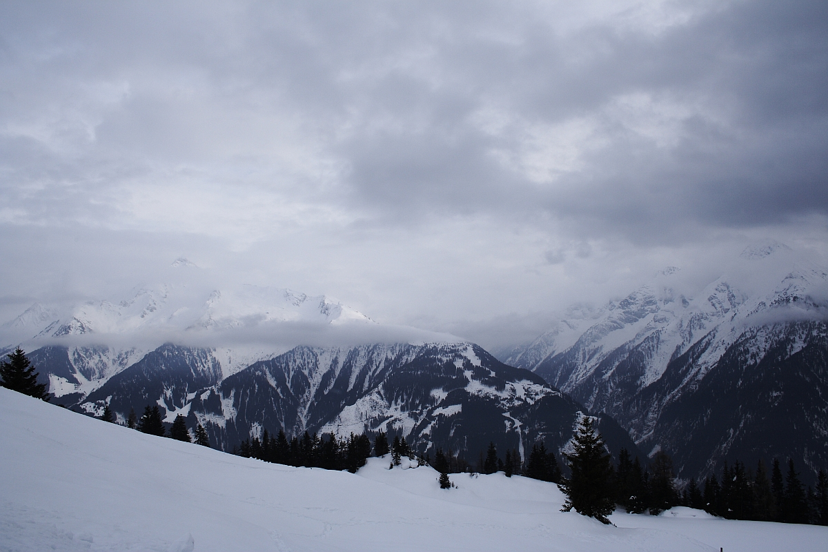 A snow-covered landscape in the Austrian Alps under a cloudy sky. Dark evergreen trees dot the lower slopes, while the upper peaks are blanketed in thick snow. The overcast clouds cast a greyish tint over the scene, partially obscuring the distant mountains. Tracks in the snow lead towards the horizon.