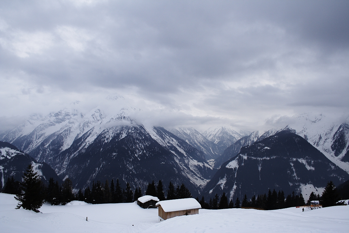 A snow-covered mountainous landscape under a cloudy sky. A dense forest of dark pine trees populates the lower slopes. Two wooden cabins with snow-covered roofs sit in the foreground, surrounded by deep snow. The jagged peaks of the Austrian Alps in the background are partially shrouded in mist.