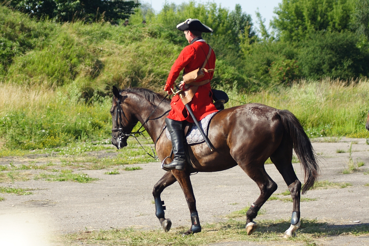 A man in a historical red military coat and bicorne hat rides a dark brown horse on a grassy, slightly overgrown field. The rider carries a tan bag slung over his shoulder. The scene appears to be from the Dunamunde 2010 reenactment, with greens and bushes bathed in sunlight.