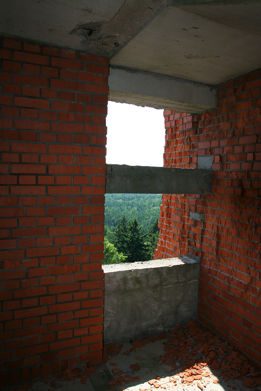 A view through a rough, unfinished window opening in a brick wall, overlooking a dense, verdant Gaiziņš forest under a bright blue sky.