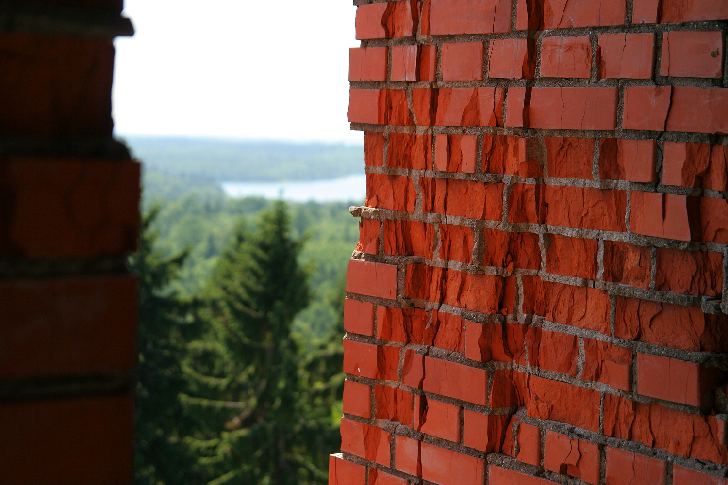 A close-up view of a weathered red brick wall with vibrant green trees and a glimpse of a calm lake in the blurred background, as seen from a high vantage point on Gaiziņ