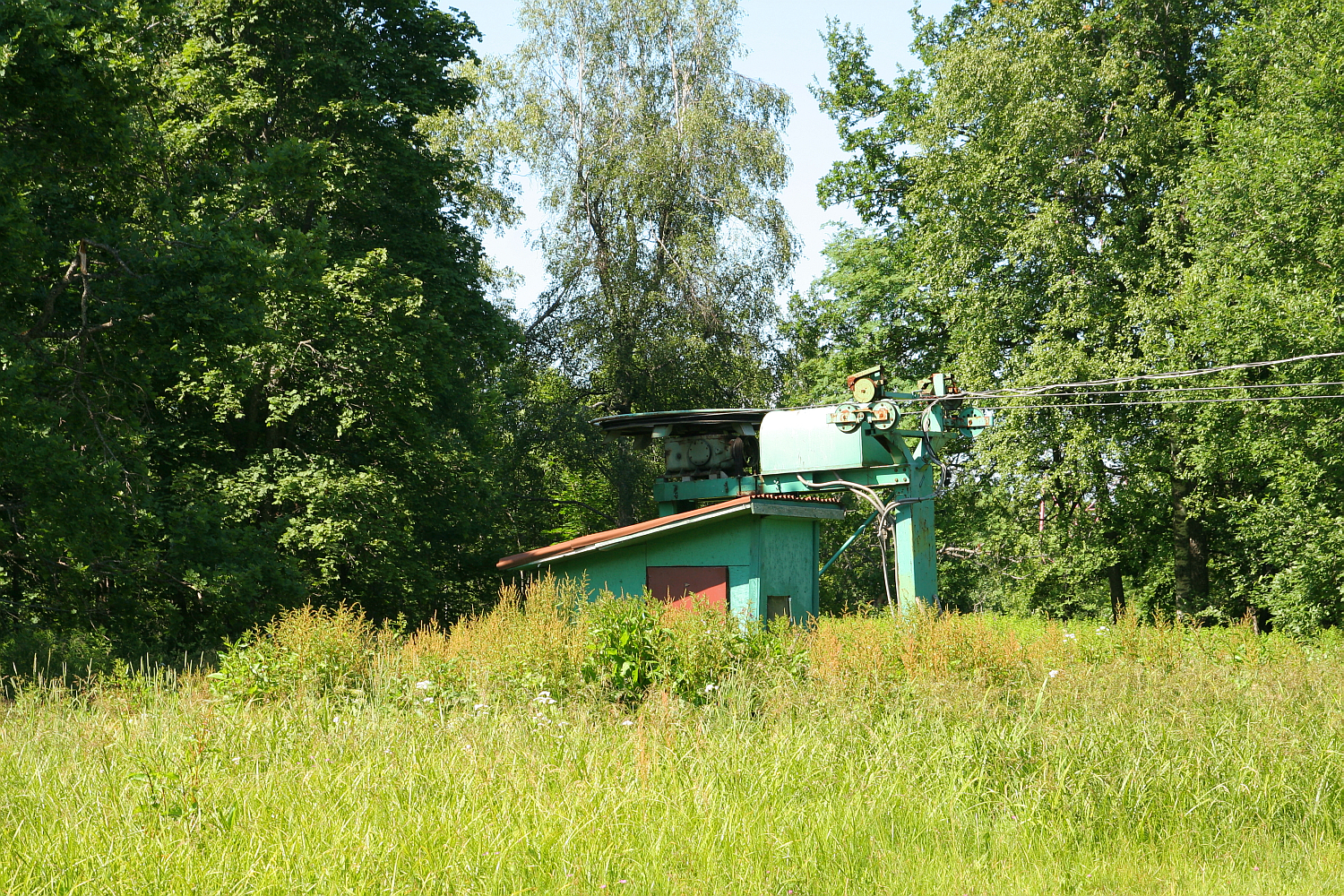 A small, green building with a red door is nestled among tall grass and dense trees near Gaiziņš, Latvia's highest peak. Beside the building stands a turquoise mechanical structure, possibly a ski lift or cable car machinery, with wires extending to the right. The scene basks in bright sunlight, enhancing the lush greenery.