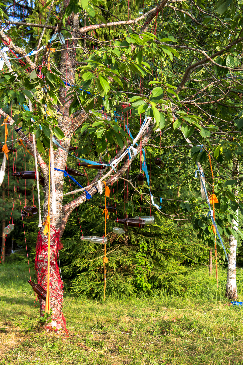 A tree adorned with colorful ribbons and small objects hanging from its branches stands in a grassy area. The trunk and branches are wrapped with red, blue, and orange strings, with various small items like tubes and bottles tied to them, reminiscent of the vibrant art installations at the Give and Get festival 2013.