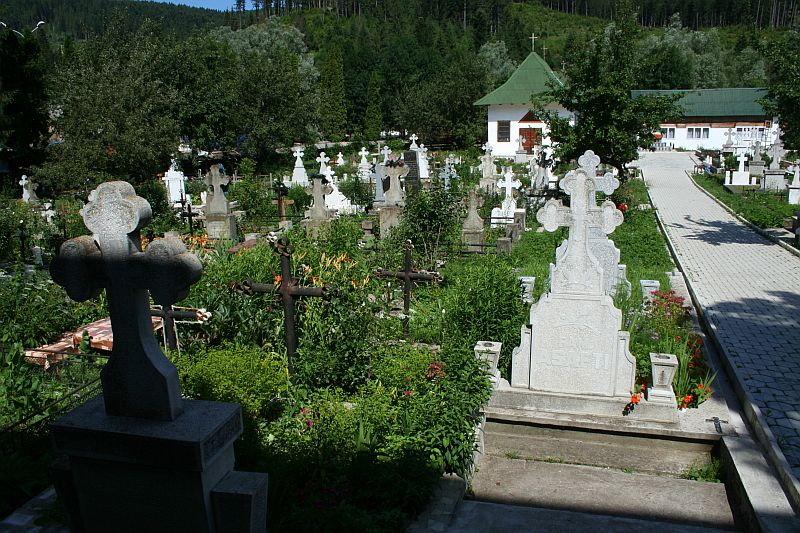 A serene cemetery in Romania with Christian crosses and tombstones, surrounded by trees, with a path leading through the resting place, on a sunny day.