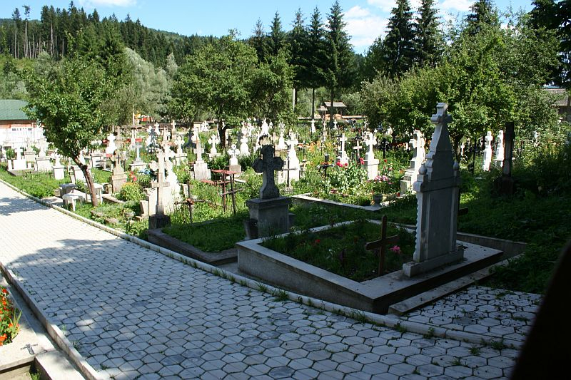 A tranquil cemetery in Romania with rows of tombstones amid greenery, under a clear blue sky, with pathways paving the way for visitors to pay their respects.