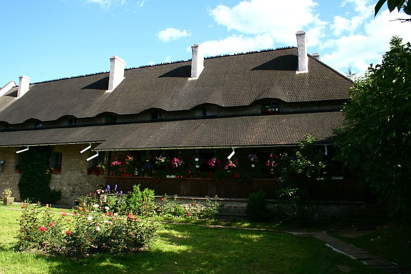 A rustic house in Romania with a distinctive thatched roof, featuring dormer windows, adorned with vibrant hanging flower baskets, and surrounded by a well-kept garden with blooming roses under a clear blue