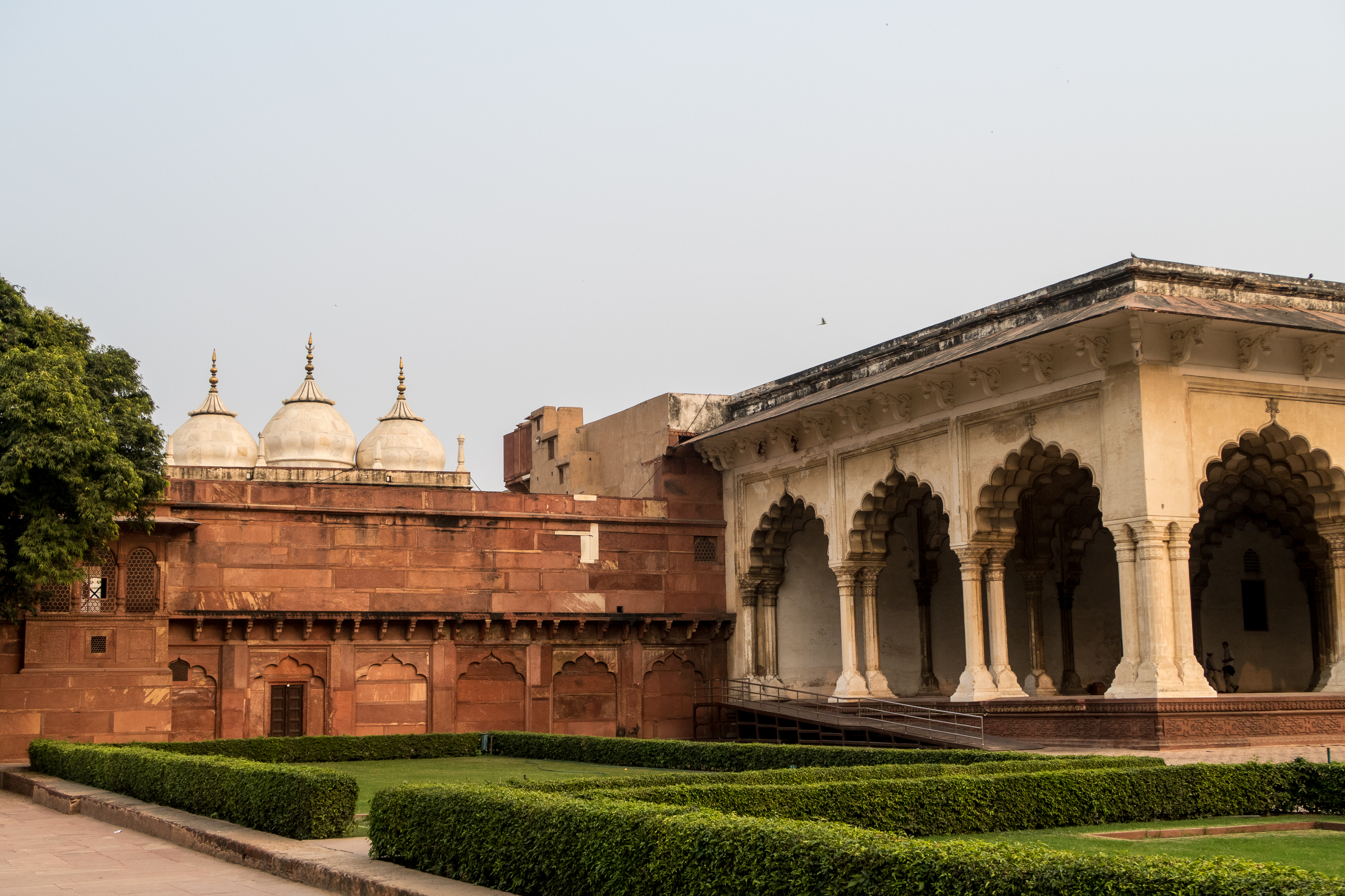 A historical monument in India featuring a large red sandstone wall with three white domes on the left. To the right, an ornate, open pavilion with multiple arched columns is visible. The foreground is occupied by well-manicured green hedges, and the blue sky overhead is clear.