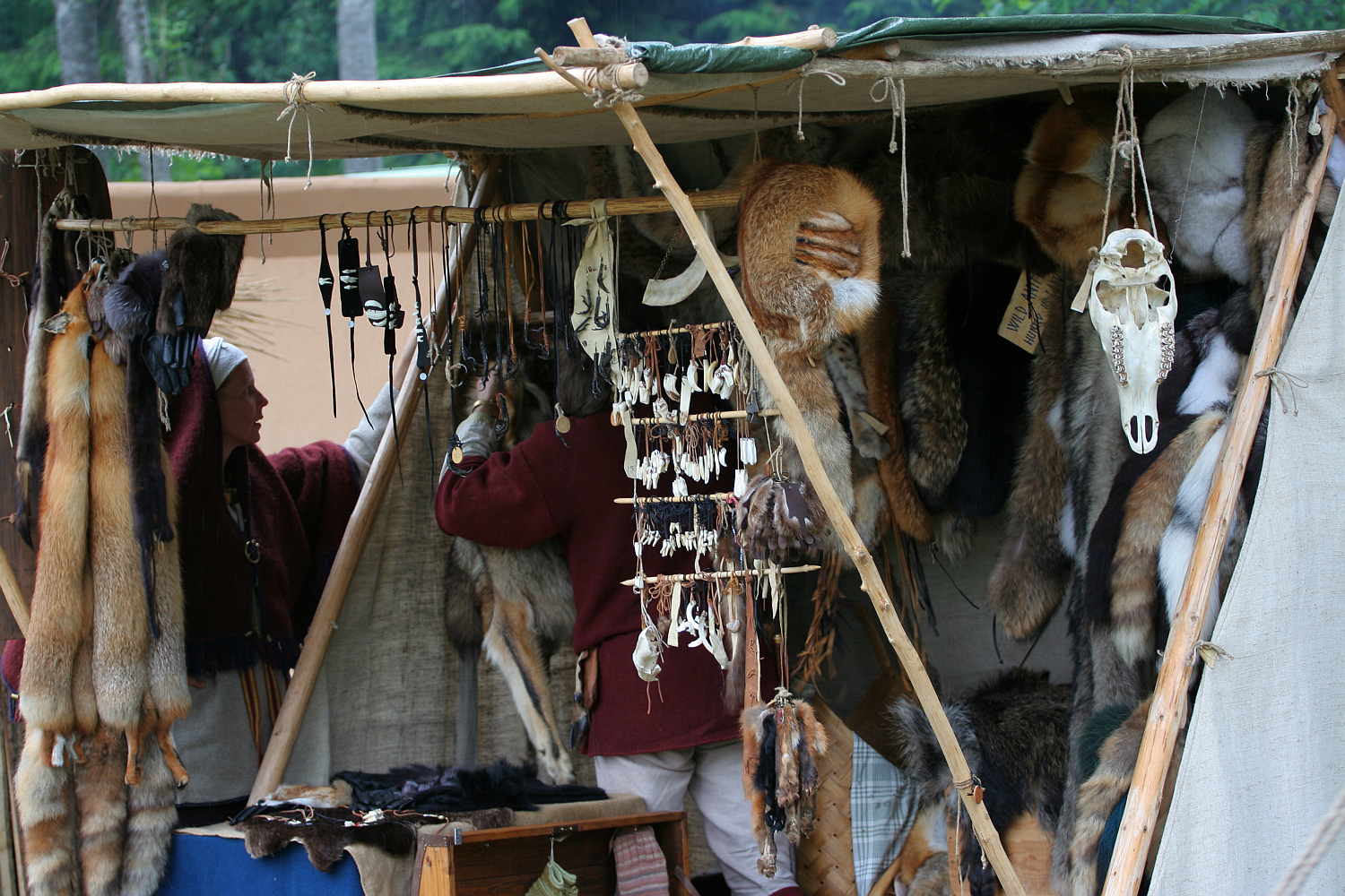 A market stall inside a canvas tent at 2011's Kilkim Žaibu festival displays various animal pelts and bone crafts. The setup features fur hides, animal skulls, and bone jewelry hanging on wooden beams. Two individuals, partly obscured, are arranging the items. The background shows a dense forest.