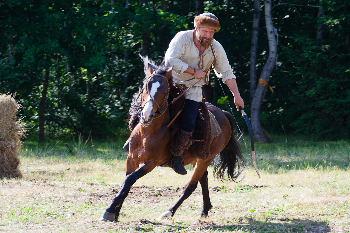 A bearded man wearing rustic clothing rides a brown horse at full gallop through a wooded area, gripping a sword in his right hand. The horse appears alert and energetic. In the background, dense trees and a stack of hay evoke an adventurous, historical setting reminiscent of the 2012 Kilkim Žaibu festival.