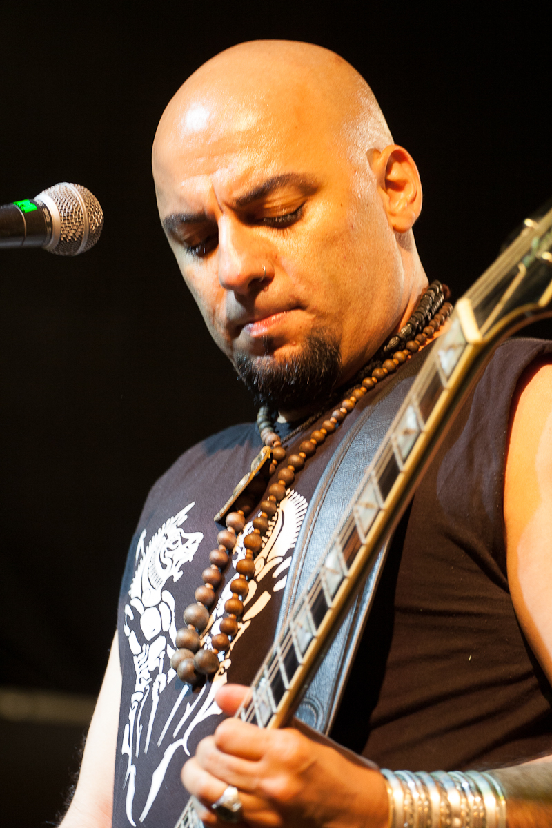 A bald, bearded musician wearing a sleeveless shirt and beaded necklaces is playing an electric guitar on stage at Kilkim Žaibu 2012. He is looking down at his guitar while performing. A microphone is visible to his left. The background is dark and out of focus, highlighting the performer.