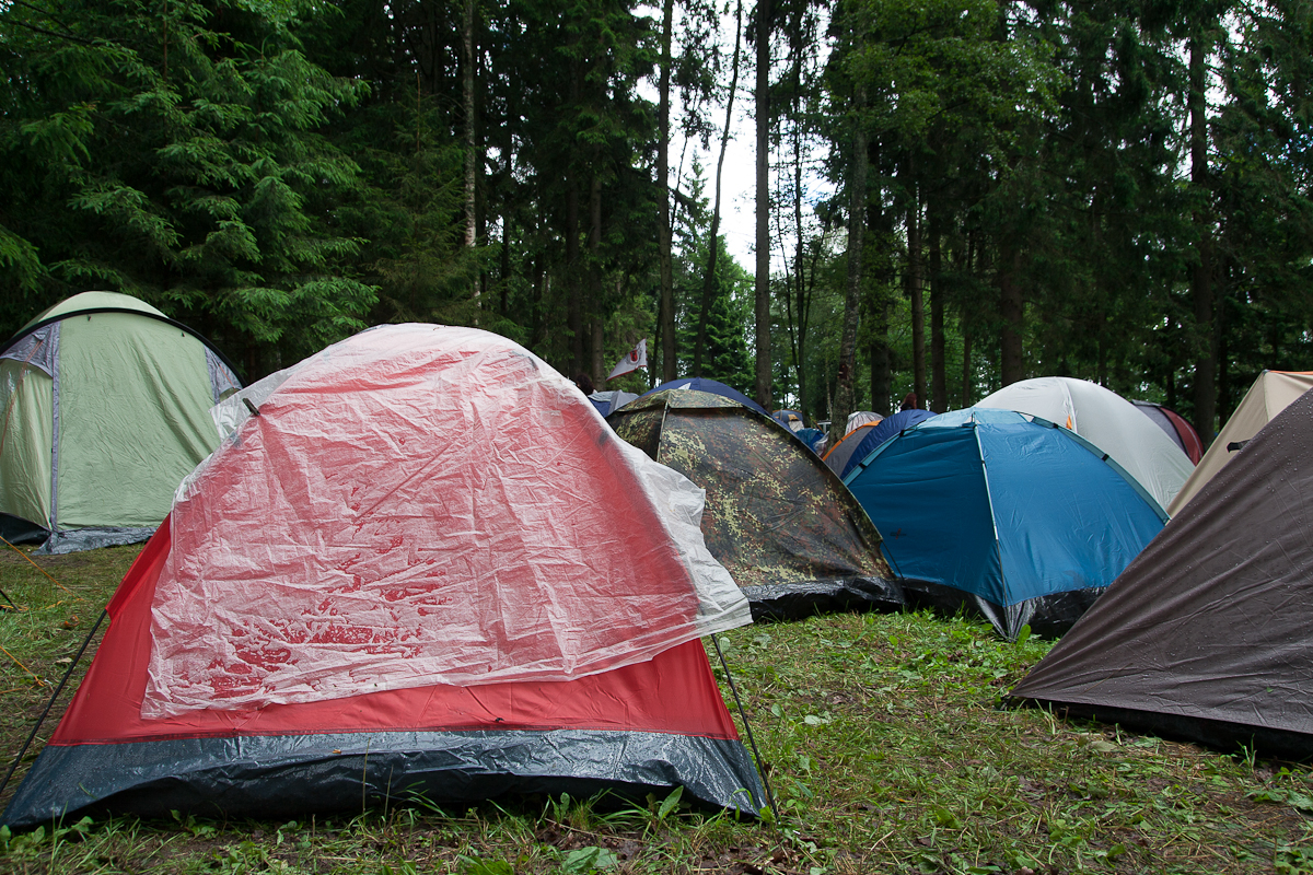 At a campsite in a forest, reminiscent of the vibrant setups seen at festivals, several pitched tents of different colors—red, blue, and green—dot the grassy ground surrounded by tall trees. One red tent in the foreground has a transparent rain cover partially draped over it under an overcast sky.