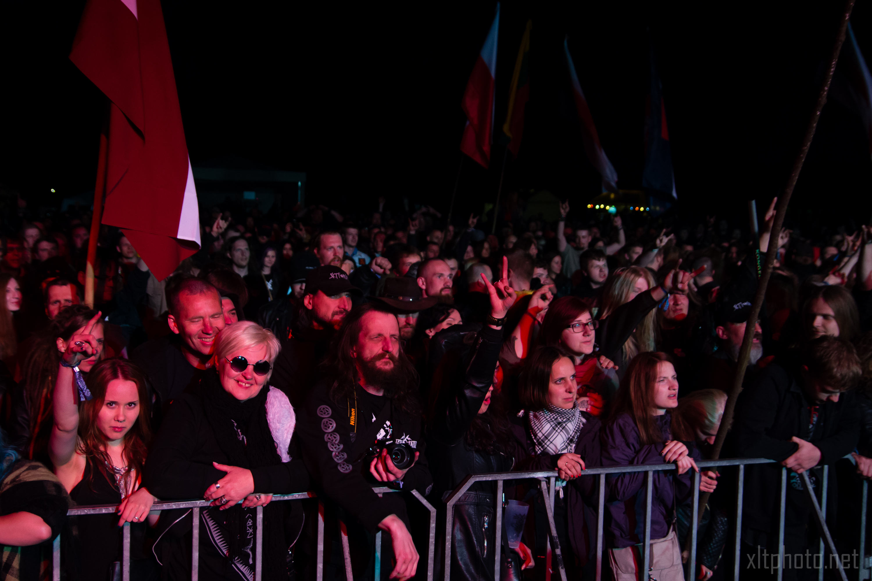 An excited crowd of concertgoers stands behind metal barricades at an outdoor night event during the 2015 Kilkim Žaibu festival. People of various ages, some holding flags, are visible. Many audience members are making hand gestures, such as the 'rock on' sign, capturing the lively and spirited atmosphere.