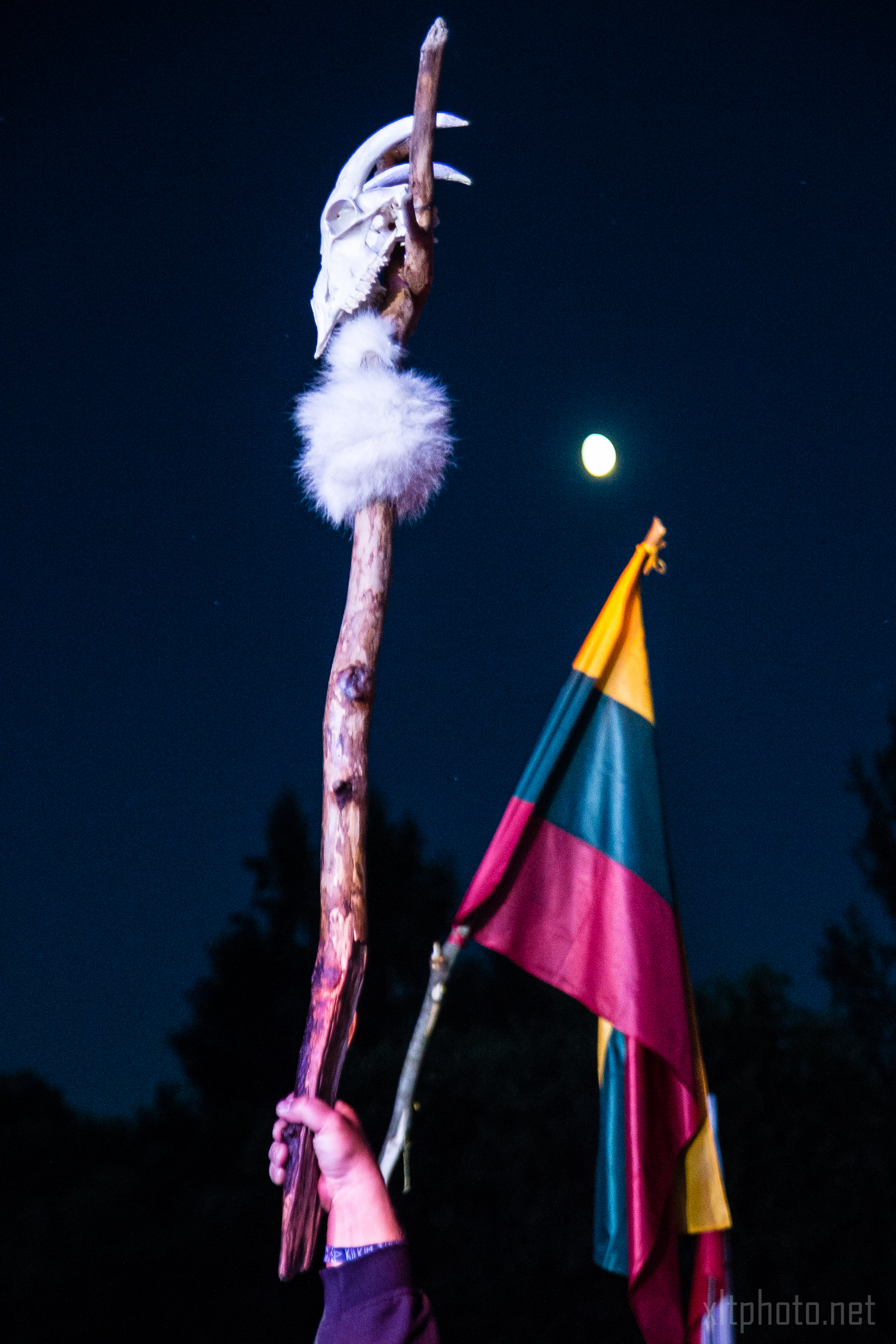 A hand holds up a wooden staff adorned with an animal skull and tufts of white fur. In the background, a moonlit night sky is visible, along with a flag featuring horizontal stripes of yellow, green, and red. Dark silhouettes of trees are seen against the sky, reminiscent of Kilkim Žaibu 2015.