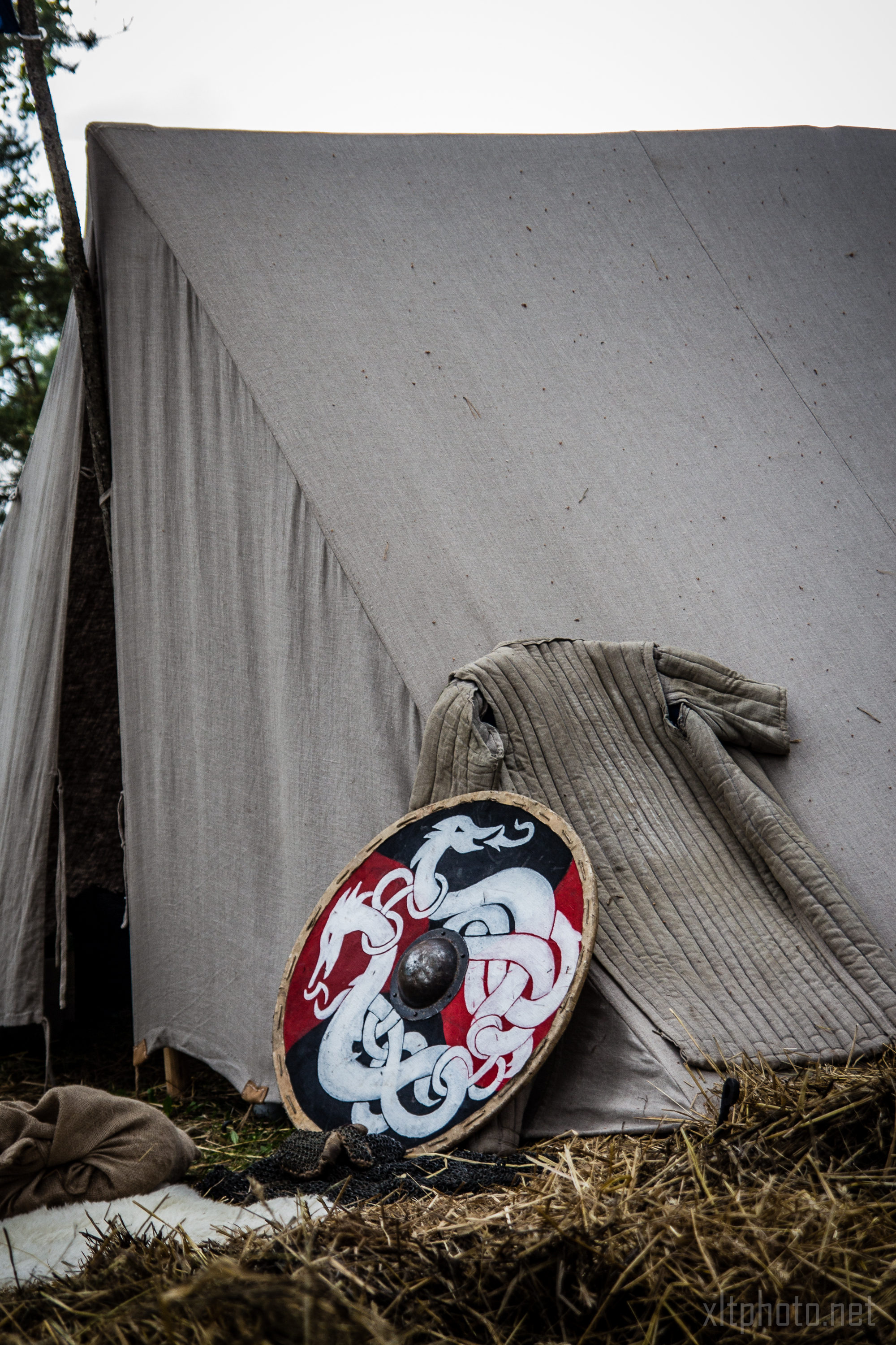 A medieval-style canvas tent with a positioned shield leaning against it. The shield, featuring a red, white, and black interwoven serpent design, stands proudly. A padded garment resembling traditional armor or tunic is draped nearby. Hay covers the ground, evoking the 2015 Kilkim Žaibu festival's historical reenactment setting.