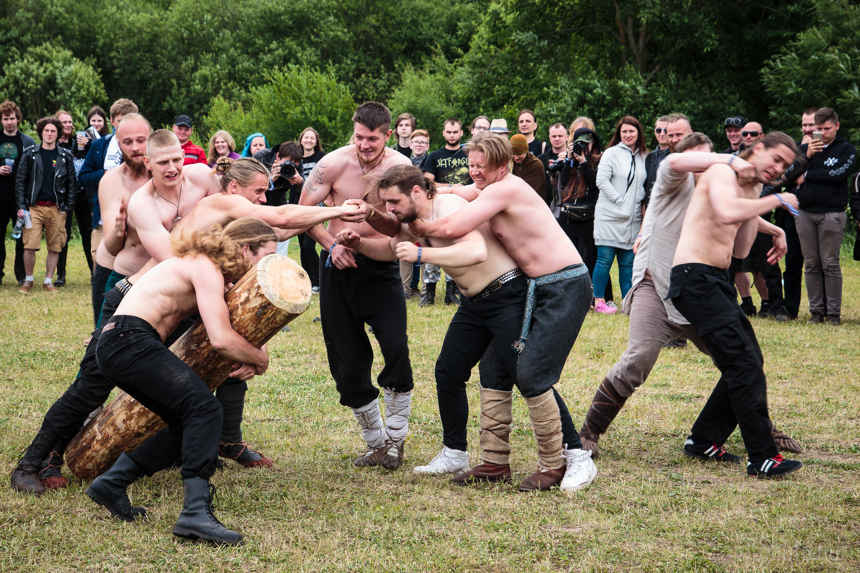 A group of men, many shirtless, participate in a log-tugging competition at the Kilkim Žaibu 2015 festival. Divided into two teams, they pull on opposite ends of a large log as spectators in casual attire watch the event, with green trees in the background under a cloudy sky.