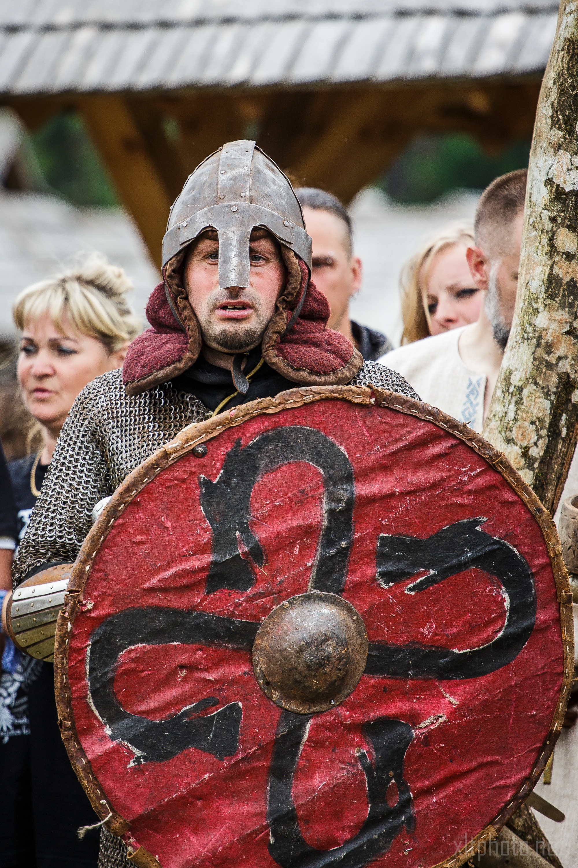 A man dressed as a medieval warrior, wearing a helmet and chainmail, holds a large, round red shield with black serpent-like designs. Behind him stand several people, some appearing to support him. The scene appears to be part of an outdoor historical reenactment at the 2015 Kilkim Žaibu festival.