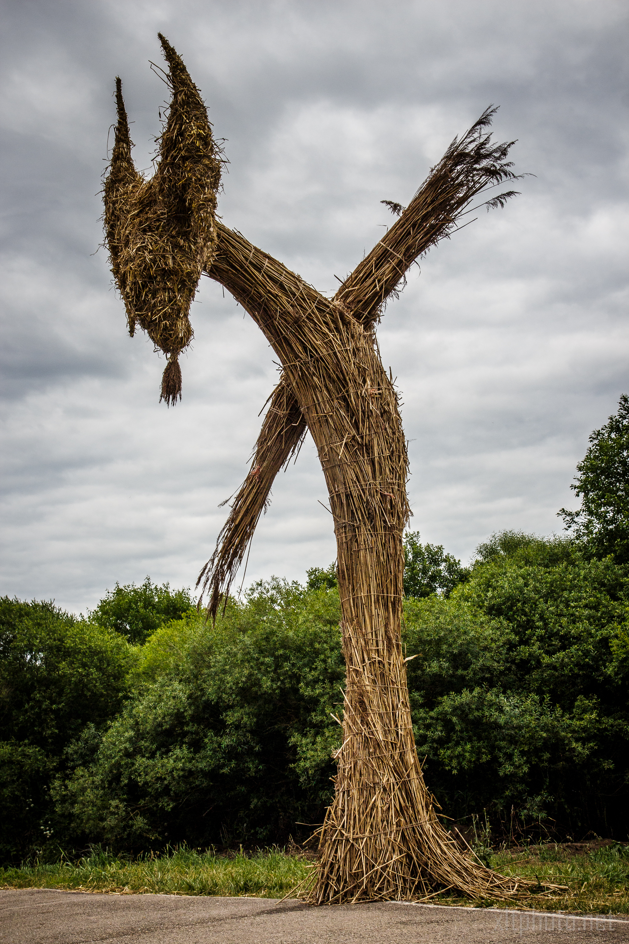 A large outdoor sculpture made of intertwined branches and straw resembling an abstract, leaning humanoid figure with elongated limbs and a downward-pointing head. Set against dense green foliage and an overcast sky, this striking piece was a highlight of the 2015 Kilkim Žaibu festival.