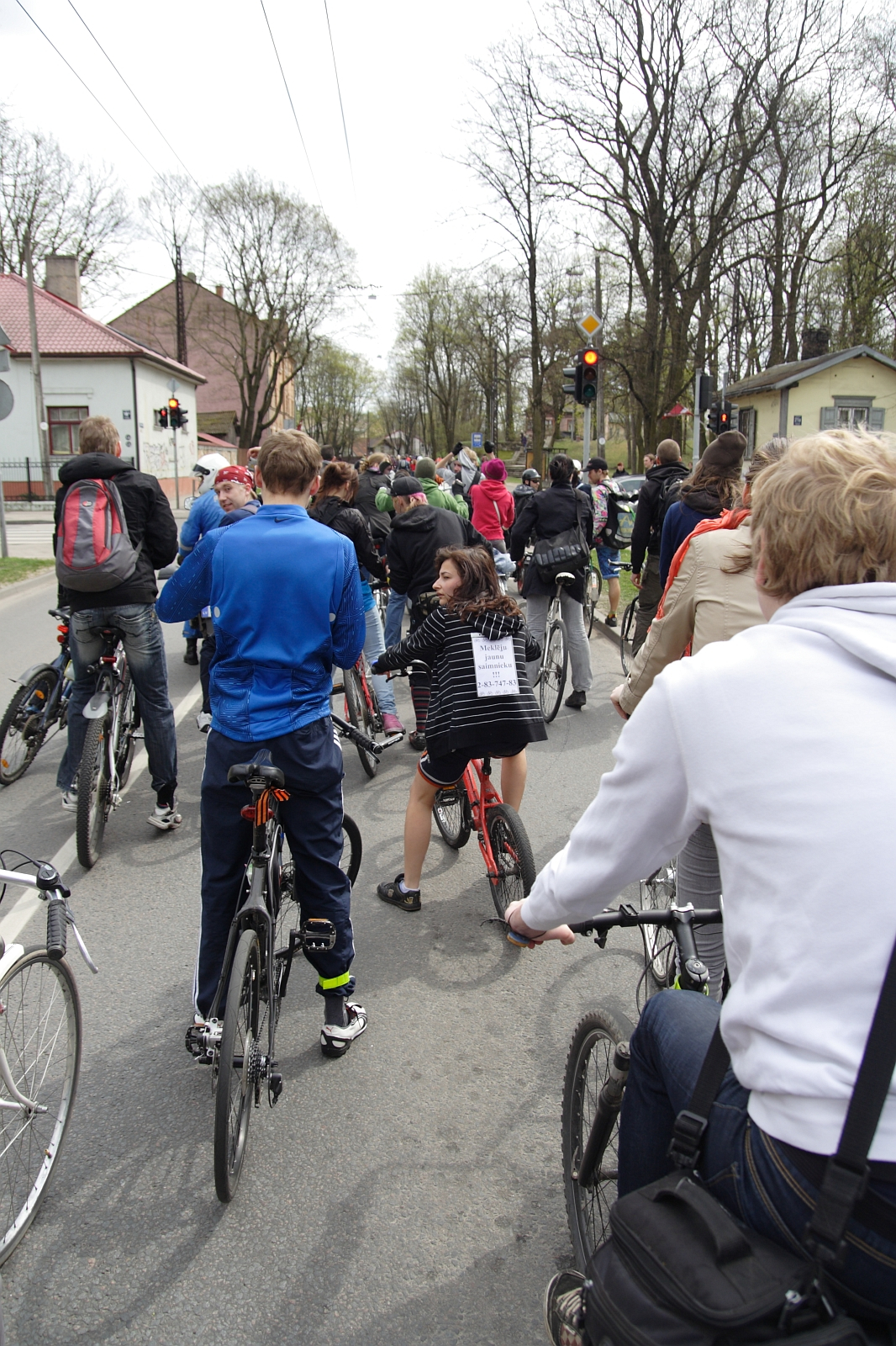 A group of cyclists, participating in a Kritiska masa event, ride on a street viewed from behind. The riders are of varying ages, dressed in casual clothing. Trees line the street with houses visible on either side. A woman in the center has a sign on her back. Traffic lights ahead indicate red under an overcast sky.