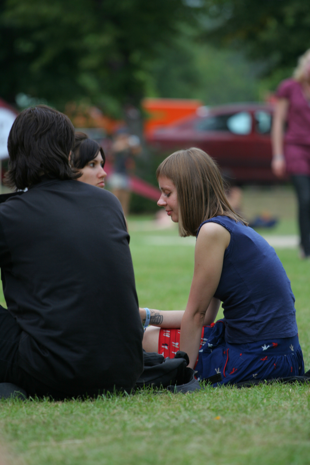 Three individuals are sitting on the grass in a park, engaged in conversation. The person in the foreground has their back to the camera. The person on the right, with short brown hair, is wearing a blue top and a patterned skirt reminiscent of Laba daba style. Trees, a red car, and other people are visible in the background.