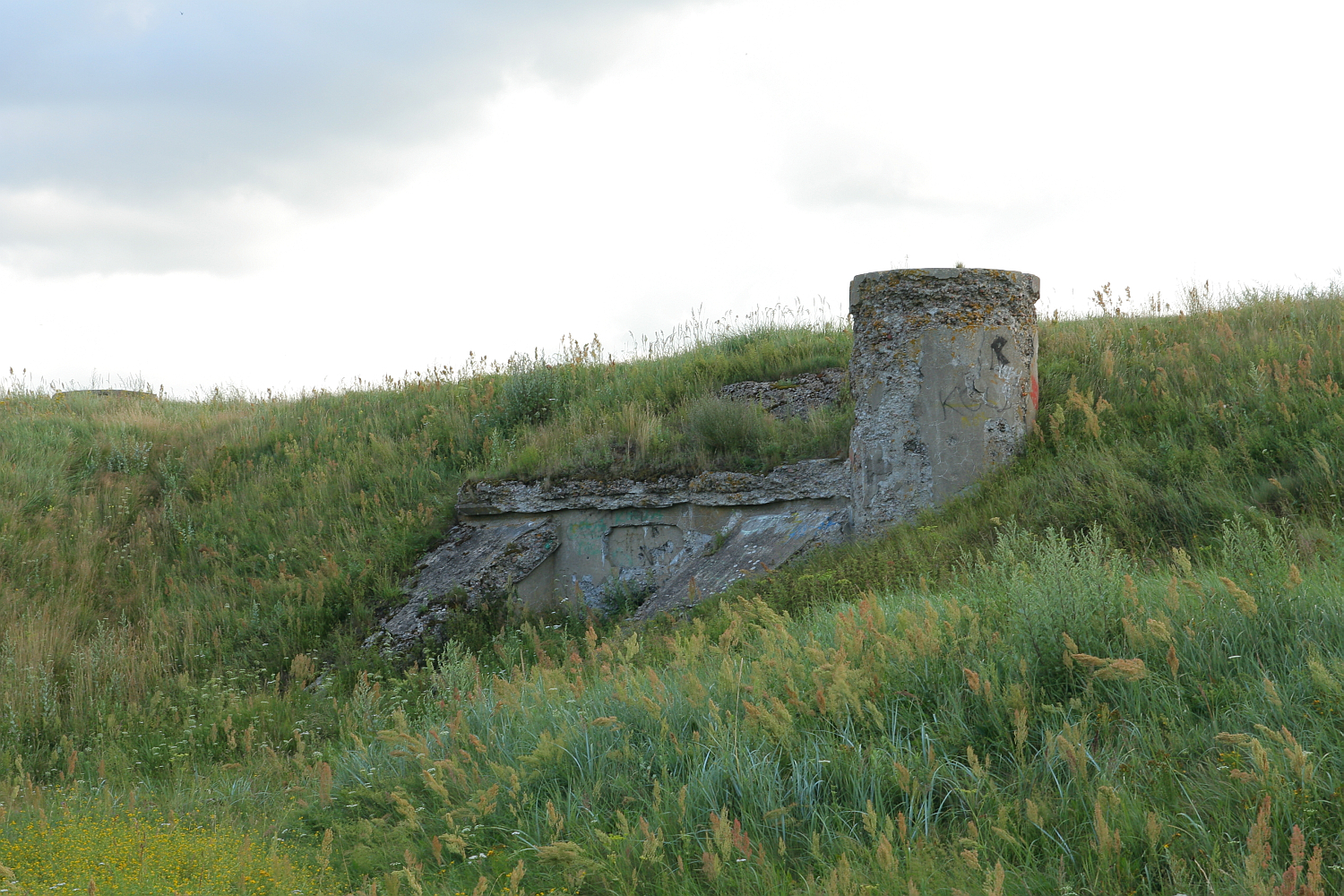 An old concrete structure in Liepāja, possibly a bunker, emerges from a grass-covered hillside, bearing signs of graffiti, under a cloudy sky, evoking a sense of forgotten history amidst