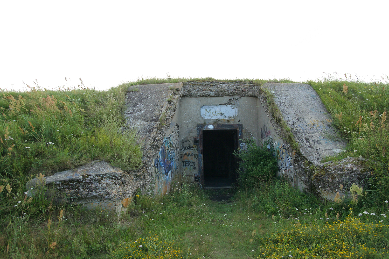 An abandoned concrete bunker with graffiti-covered walls emerges from a grass-covered mound in Liepāja, its dark entryway offering a silent testament to its mysterious past.