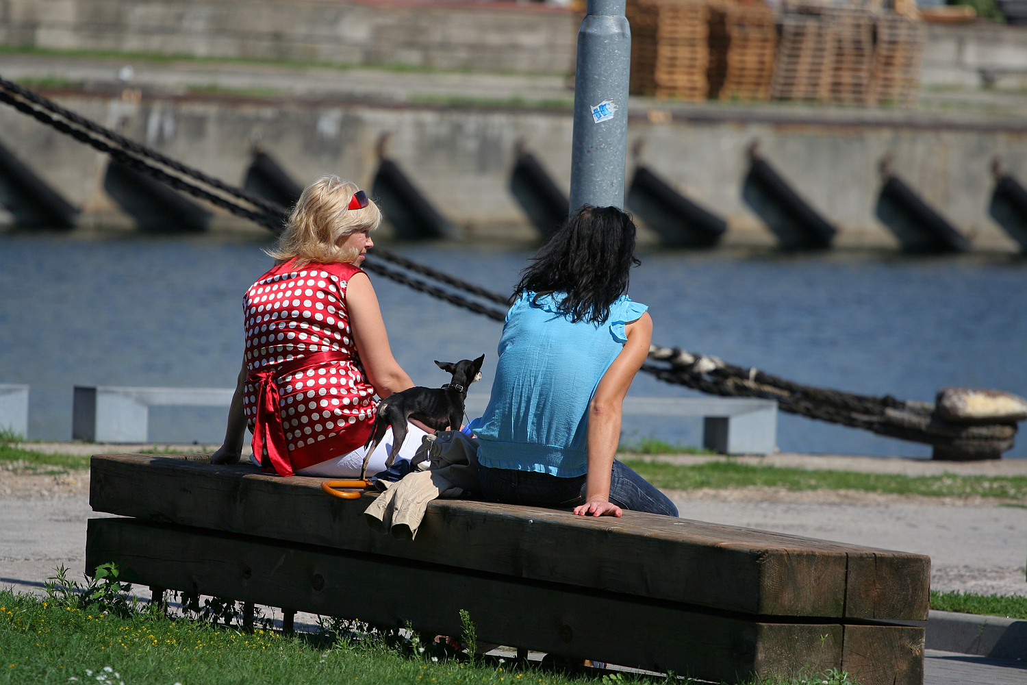 Two women and a small dog sit on a bench in Liepāja, enjoying a sunny day by the water, with moored boats and a calm river in the background, signifying a moment