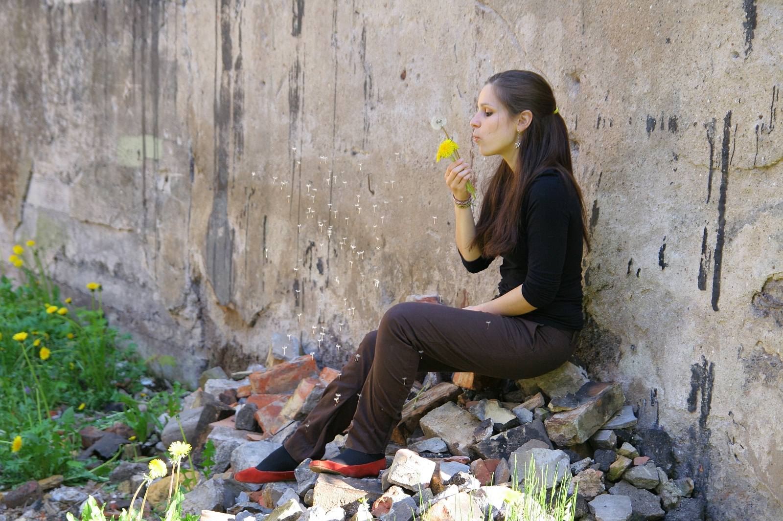 A woman with long brown hair, dressed in a black top and brown pants, sits on a pile of bricks by a weathered wall. She is blowing on a dandelion as if in deep talka. The ground around her has greenery and more dandelions in the grass. Sunlight illuminates the scene, creating a serene atmosphere.