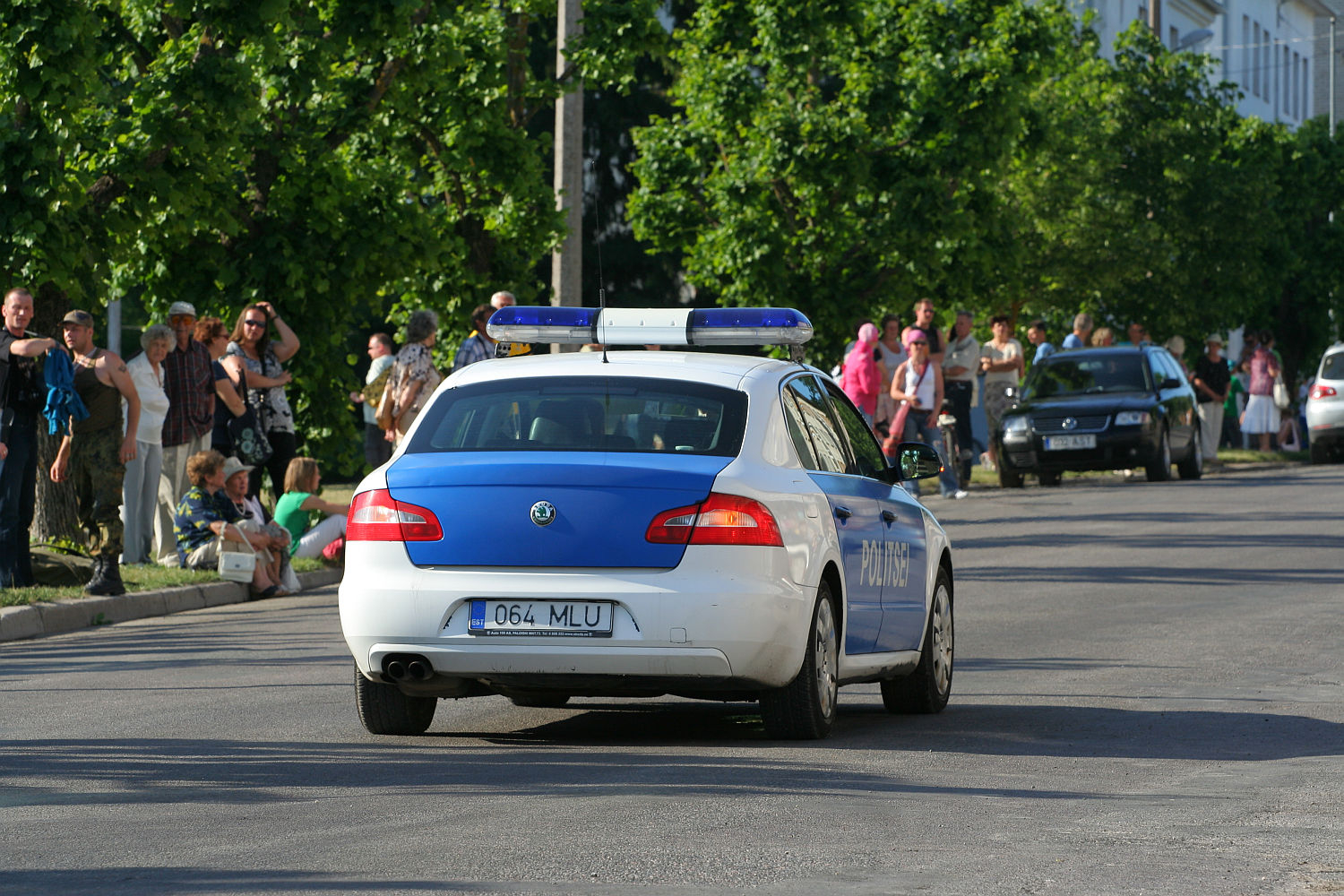 A police car with a blue and white paint scheme drives away on a tree-lined street. The license plate reads "064 MLU." A crowd of people, reminiscent of a lively punk gathering, stands on the left sidewalk, some sitting and some standing, watching the scene. Several parked cars are visible to the right. The weather is sunny.