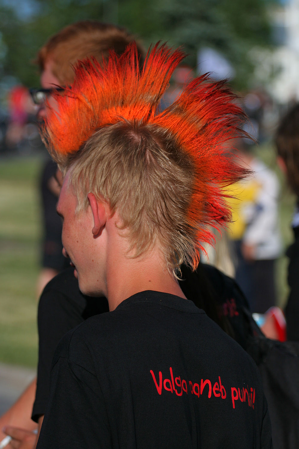 A person with a vibrant, spiky mohawk hairstyle in bright orange and red shades faces away from the camera. They are wearing a black shirt with red text partially visible, standing outdoors among other blurred crowds at Laulupidu, surrounded by greenery under sunlight.