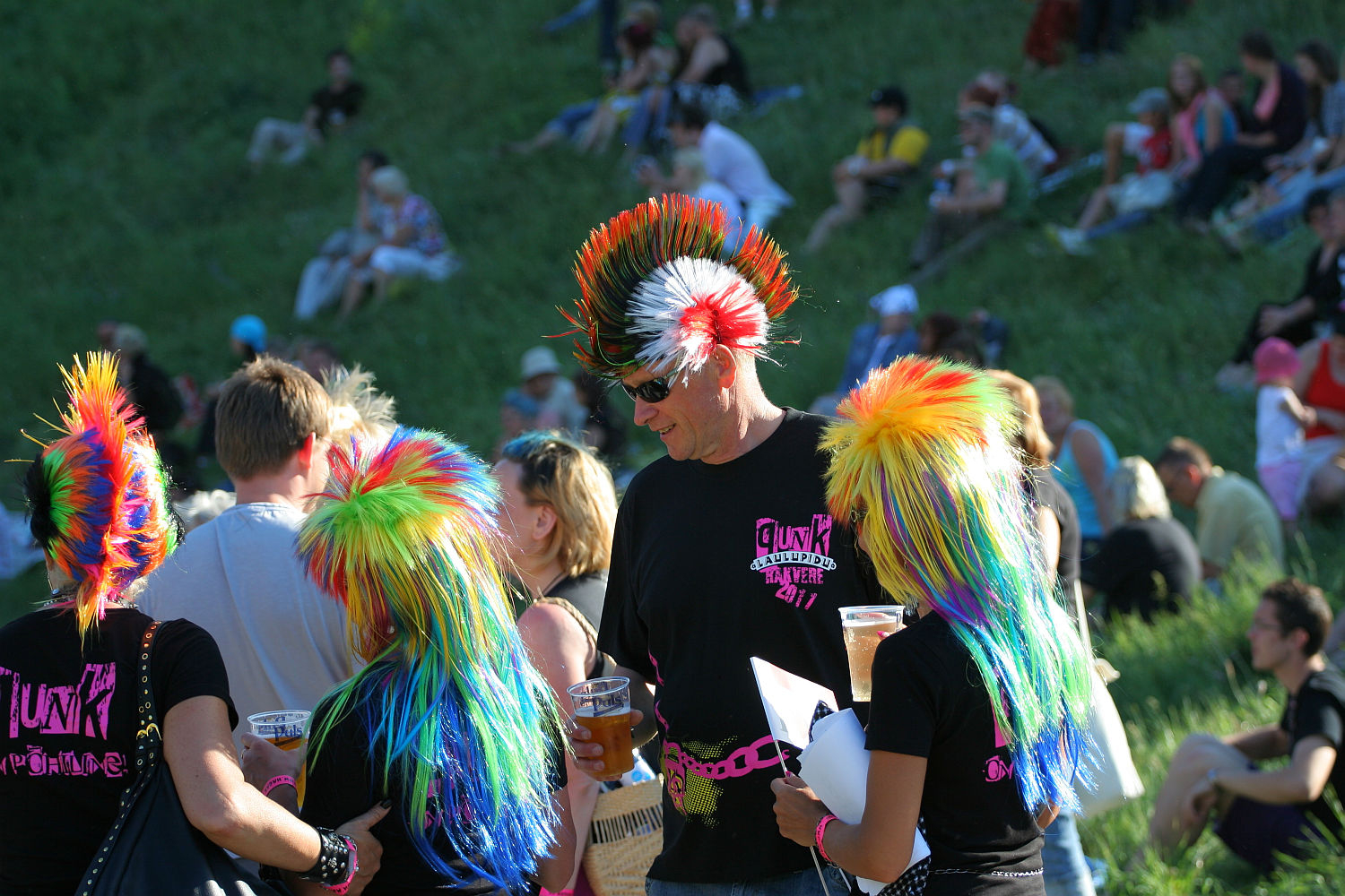People at an outdoor event, some sporting colorful rainbow mohawk wigs and black shirts with pink text, evoke a punk spirit. One individual, adorned with a black mohawk and sunglasses, stands out holding drinks. In the background, groups of people are sitting and relaxing on a grassy hill at Laulupidu.