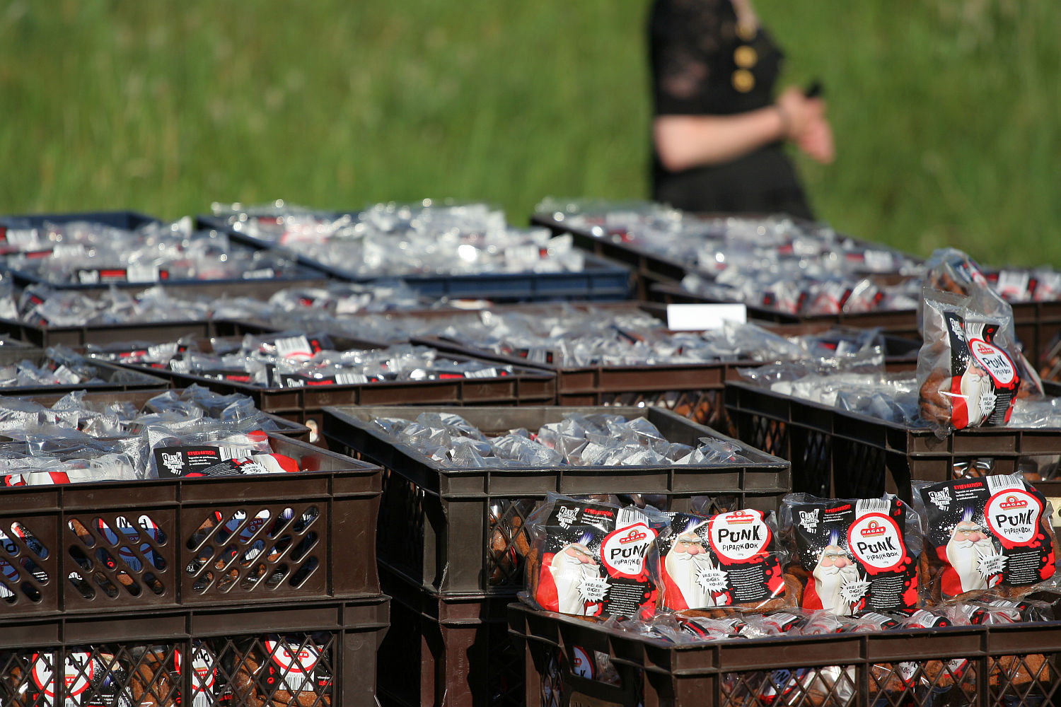 Plastic crates filled with clear plastic bags, each containing white tubes labeled "Пломбир Пломбир" (Plombir), are arrayed in a field under sunlight. Amid the setting reminiscent of a Laulupidu celebration, a person in a dark outfit stands on green grass, blurred in the background.