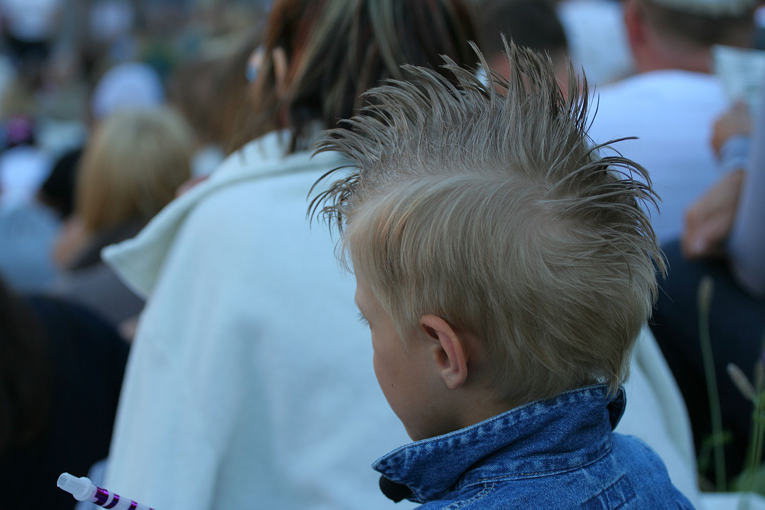 A child with spiky, blonde hair in a punk mohawk style is shown from behind, standing in a crowd at Laulupidu. The child is wearing a blue denim jacket. The background is blurred, featuring various people dressed in casual clothes, including someone in a white coat.