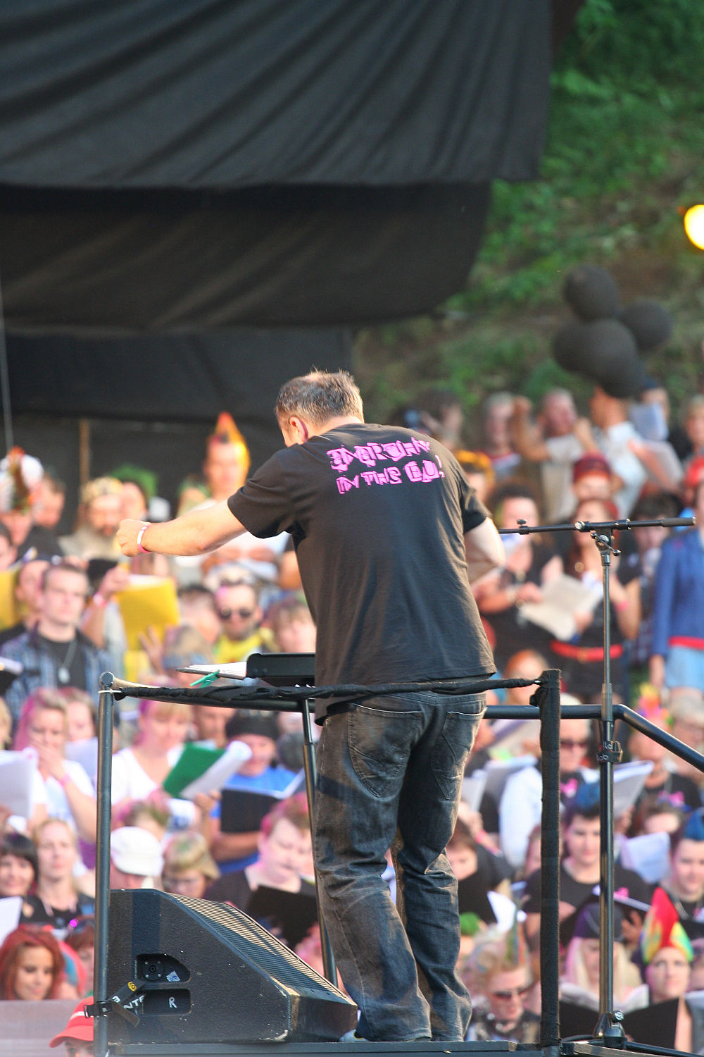 A man in a black t-shirt with pink text on the back stands at a podium, facing away from the camera. He appears to be conducting a lively outdoor crowd at Laulupidu, blending punk vibes with traditional charm. Spectators are under partly shaded areas, and greenery adorns the scene above.