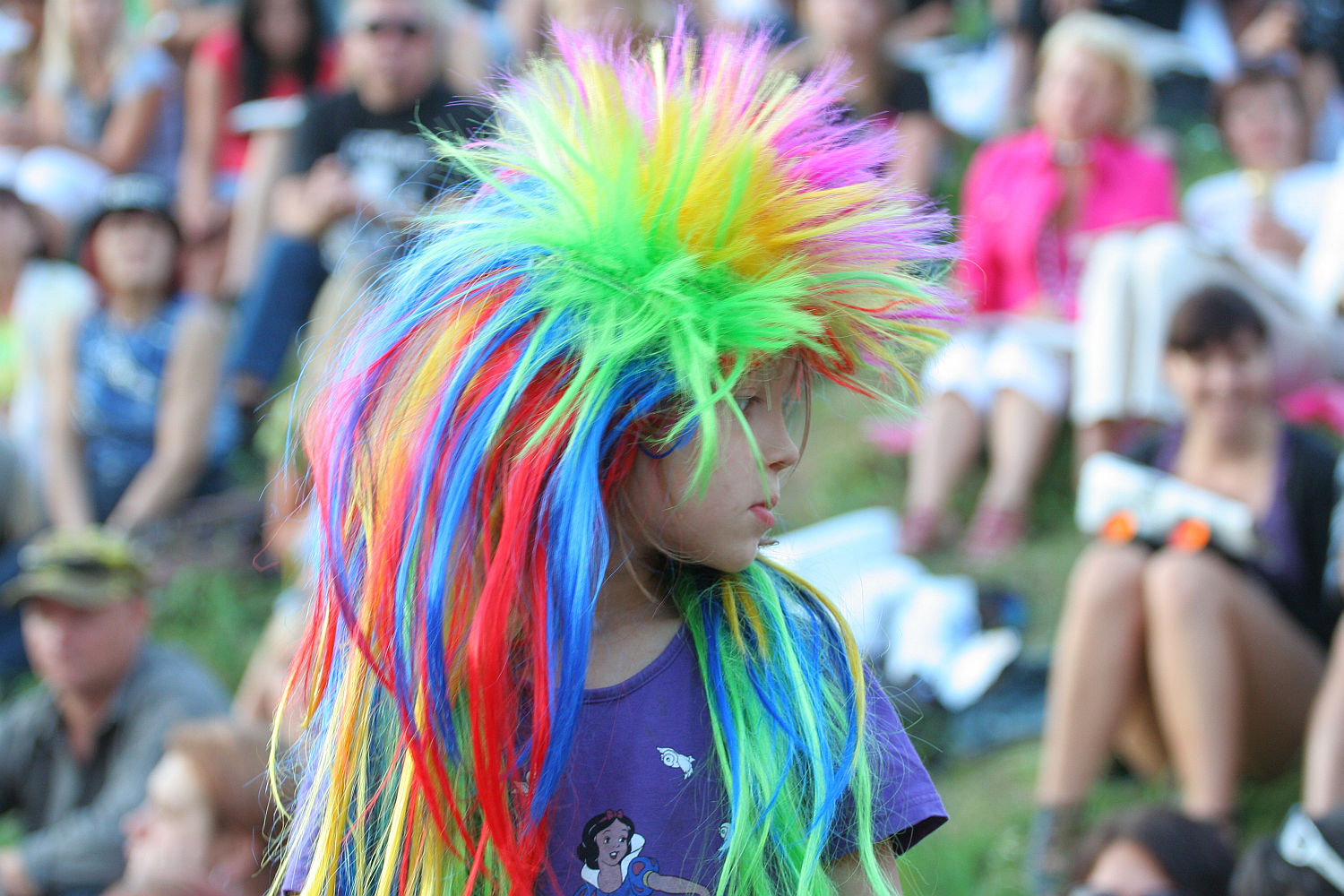 A child wearing a vibrant, punk-inspired multicolored wig with long spikes and dressed in a purple shirt stands among a seated crowd at Laulupidu outdoors. The wig features bright shades of green, yellow, orange, red, blue, and purple. The crowd in the background appears engaged and is slightly out of focus.