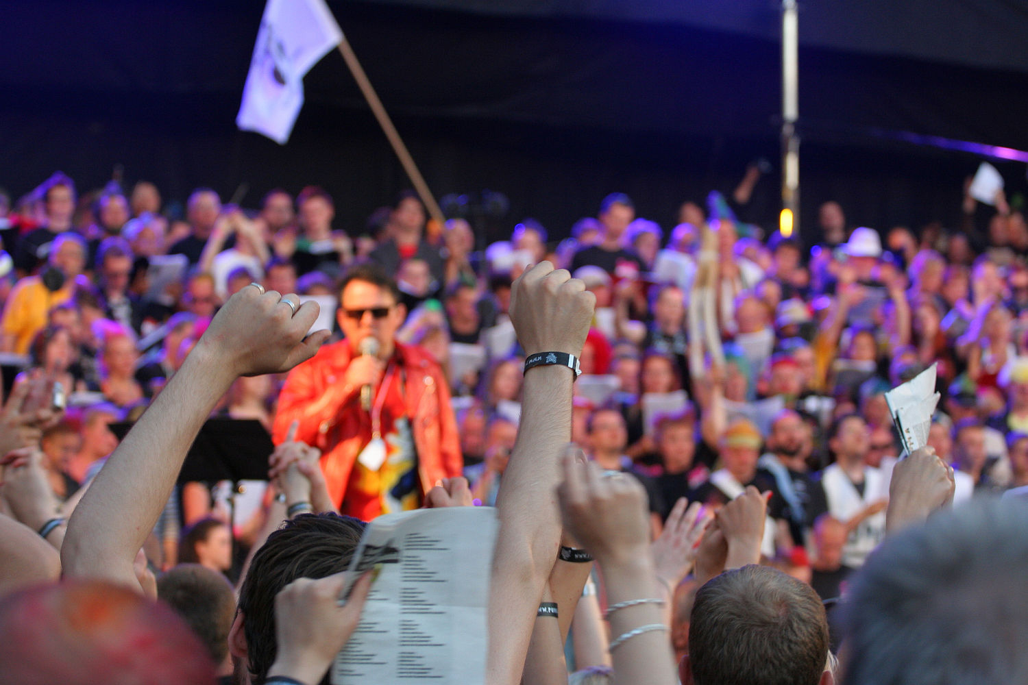 A performer in a red jacket sings on a stage, with a large crowd behind him. The audience in the foreground raises their hands, holding papers and wearing wristbands. The photo is vibrant with colorful lighting, and a flag is visible in the background, held by someone on stage at Laulupidu.