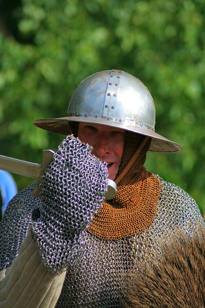 A person in medieval armor, including a chainmail suit and a metal helmet, holds a large axe during the Semigallian Days festival. The silver helmet with rivets gleams under the sun, while their protective suit covers their neck with rusty colored material underneath. Blurred greenery forms the backdrop.