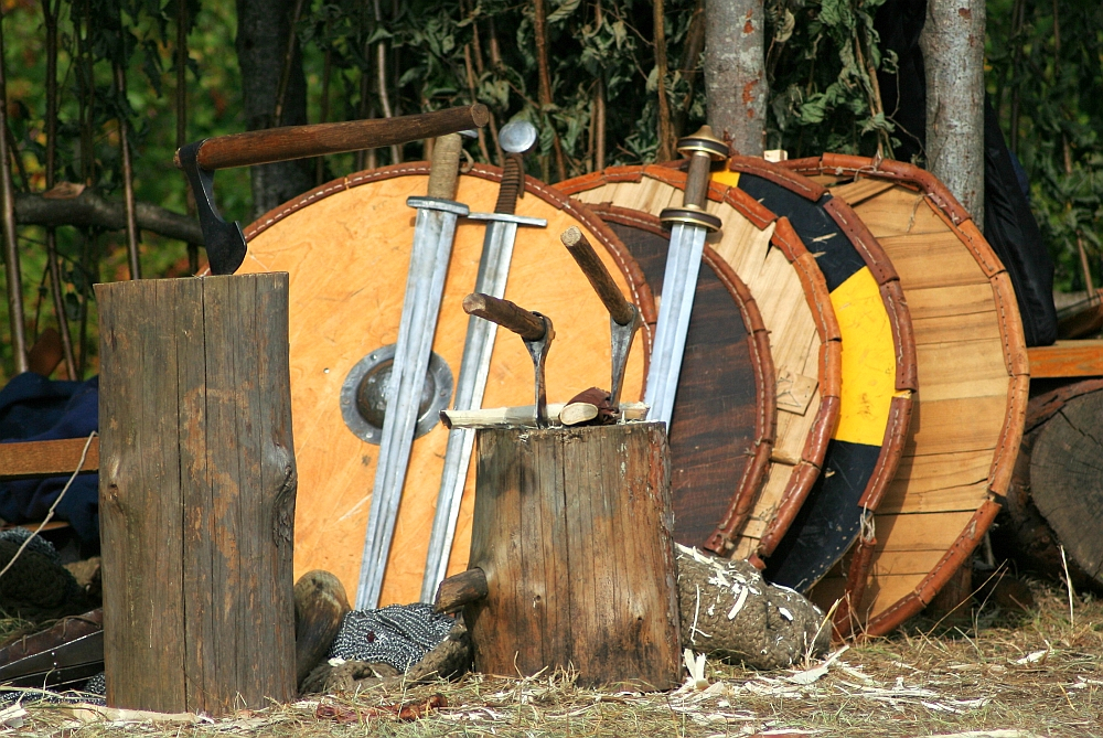 A group of medieval wooden shields with metal rims and various swords lean against tree trunks. In front are two logs, one with a medieval axe embedded and the other with a pair of gauntlets resting on it. The setting appears rustic, likely at Semigallian Days 2008, a historical reenactment or camp.