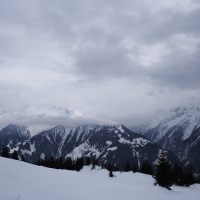 A snow-covered landscape in the Austrian Alps under a cloudy sky. Dark evergreen trees dot the lower slopes, while the upper peaks are blanketed in thick snow. The overcast clouds cast a greyish tint over the scene, partially obscuring the distant mountains. Tracks in the snow lead towards the horizon.