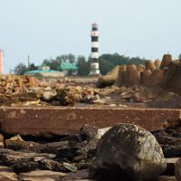 A rocky coastal area with large boulders in the foreground. Further back, the Daugavgrīva lighthouse stands tall with its black and white stripes, surrounded by green-roofed buildings and trees. The sky above is clear and slightly hazy, providing a calm atmosphere.