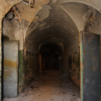 An eerie, abandoned hallway with vaulted ceilings and a series of open and closed weathered doors in Daugavgrīva, scattered with debris and fallen leaves hinting at long neglect.