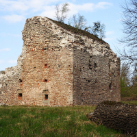 Ruins of an ancient stone structure, with weathered walls and missing roof, stand amidst a grassy field near Daugavgrīva, with trees in the background under a partly cloudy sky
