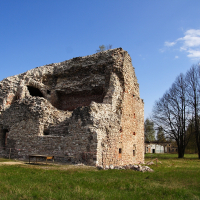 Ruins of a medieval stone structure in Daugavgrīva under a clear blue sky, surrounded by grass and leafless trees, with a hint of other buildings in the distance.