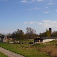 A rural landscape in Daugavgrīva, Latvia, featuring a path leading to a historic tower, with remnants of old structures under a clear blue sky.