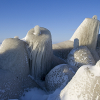 Ice formations on the Daugavgrīva shore in winter.