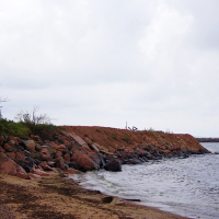 A calm day at a rocky shoreline in Engure with boulders reinforcing the edge, under a cloudy sky with birds flying in formation in the distance.