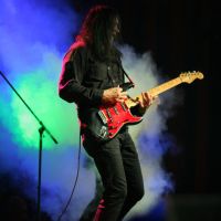 A guitarist with long hair performs energetically on stage at the Fontaine Festival 2011, playing a red electric guitar. He wears a black shirt and pants. Colorful stage lights in green and blue, along with thick white smoke, create a dramatic background. A microphone stand is visible to the left.