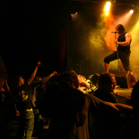 At the 2011 Fontaine festival, a vocalist wearing a sleeveless shirt performs passionately on stage, gripping a stand microphone. The stage is bathed in warm yellow and orange lighting, with smoke effects adding drama. A lively crowd with raised arms is visible in the foreground, engaging energetically with the performance.