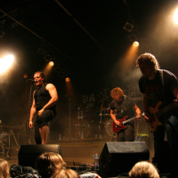 At the Fontaine festival 2011, a band performs energetically on stage with bright spotlights and fog adding to the ambiance. The lead singer, wearing a black tank top, leans into the microphone. Two guitarists and a bassist, all in casual clothes, play passionately, while the drummer is partially visible in the background.