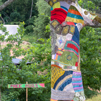 At the Give and Get Festival 2013, a tall tree boasts a colorful, patchwork knitted cover wrapped around its trunk and branches. Next to it stands a wooden sign with "FREE HUGS" painted in bright red letters, surrounded by various nature elements in the background.