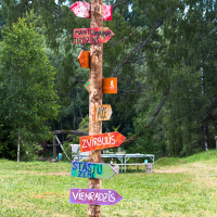 A colorful wooden signpost stands in a grassy clearing, surrounded by trees. The signpost, from the 2013 Give and Get festival, is adorned with multiple arrow-shaped signs in vibrant colors, with text in Latvian pointing in different directions. A picnic table and a few objects are visible in the background.